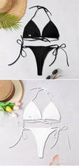 2025 New Women's Solid-color Separate Beach Wear Sexy Halter Three-point Bikini Backless Adjustable Lace-up Swimsuit