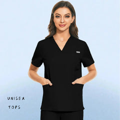 Hospital Nursing Uniform Surgery Scrubs Tops Women Short Sleeved Shirts Dental Clinic Workwear Nurse Blouse Doctor Clothes Black