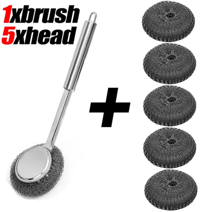 Stainless Steel Wire Brush with Long Handles Kitchen Replacement Steel Wool Wire Ball Dishwashing Brush Sink Countertop Cleaning