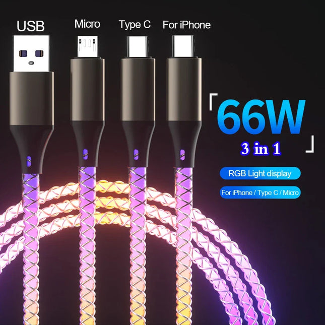 3 In 1 66W 6A RGB Color Light Micro USB Type C Cable Fast Charging Cable For Xiaomi Samsung Huawei For Iphone Car Charging Cord