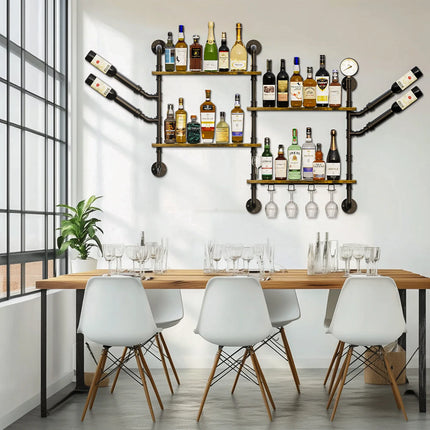 Pipe Bar Liquor Shelf, Floating Shelves with Wine Glass Holder, Wall Black Shelving Unit for Living Room and Kitchen
