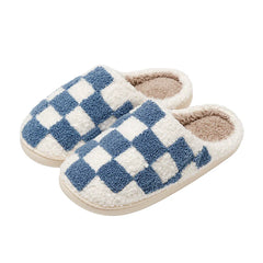Fuzzy Women Men Slippers Fashion Checker Embroidery Houseshoes Cozy Fluffy House Retro Checkered Print Winter Home Shoes