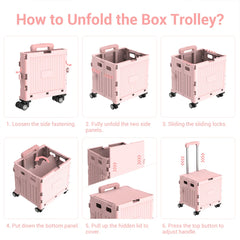Folding Utility Shopping Trolley on Wheels Teacher Trolley Cart with Lid Portable Crate Handcart Box for Camping Shopping Pink