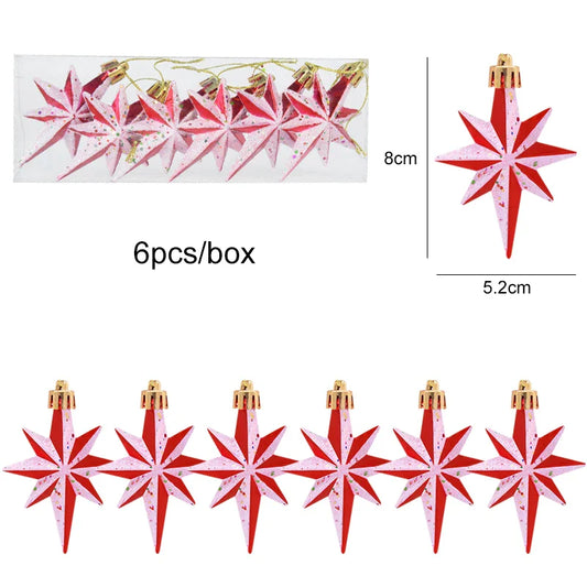 6pcs/box Christmas Tree Pendant Red Star Candy Snowflake Xmas Ball Ornament New Year 2025 Home Decoration Noel Gift Navidad 2024