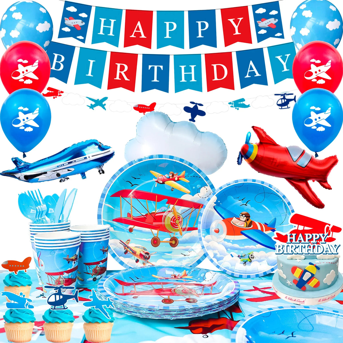 Airplane Birthday Party Decorations,167pcs decorations&Airplane Party Tableware set-Airplane Plates Napkins Cups TableCloth etc