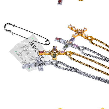 Yhpup Delicate Colorful Bling Cubic Zirconia Cross Pendant Stainless Steel Luxury Necklace High-Grade Fashion Shiny Jewelry Gift