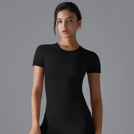 Women Running Sports T Shirt Summer Short Sleeve Round Neck Breathable Stretchy GYM Yoga Slim Fitness Active Top Tee