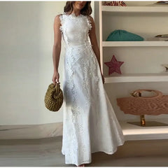 Embroidery Flower Patchwork Long Dress For Women Round Neck Sleeveless Lace Up High Waist Spliced Slim Dresses 2025 Summer New