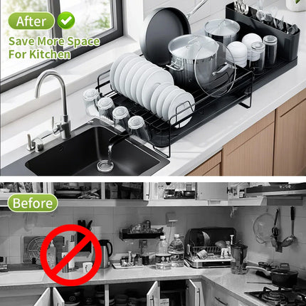 Dish Drainer Rack - Extendable Dish Drainer, Multifunctional Anti-Rust Dish Rack for Kitchen Counter, with Cutlery & Cup Holders