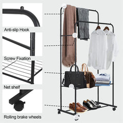 Heavy Metal Double Clothes Rail Hanging Rack Garment Display Stand Storage Shelf Rolling Closet Organizer