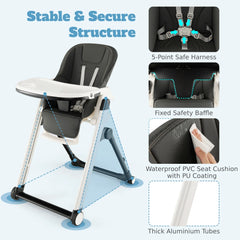 GOFLAME Foldable Baby High Chair Feeding Chair With Recline Backrest Detachable Trays