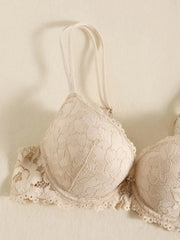 1 Set Elegant Erotic Lace Embroidery Breathable Fabric Lingeries : Push-Up Bra, Low Waist Sheer Panty - Ultimate Valentine's Day