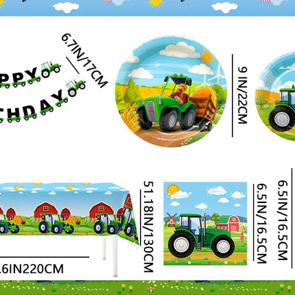 Tractor Birthday Party Supplies,130 pcs Decorations Tableware Pack-Tractor Plates and Napkins Cups Tablecloth&Banner etc