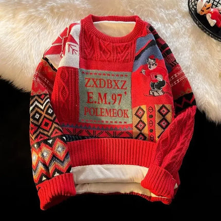 Christmas Sweater Men's Winter Loose-fit Casual Style Knitted Top Jacket American Vintage Fleece-lined Thickened Line Clothes