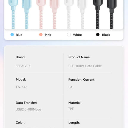 Essager 100W USB Type C To USB C Cable 5A PD Fast Charging Cable Type C Wire For Xiaomi Samsung Huawei Oppo Oneplus Macbook iPad