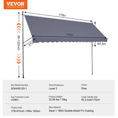 VEVOR Patio Awning Retractable Awning Sunshade Shelter with Manual Crank Handle Outdoor Canopy Sunsetter Deck for Balcony Yard