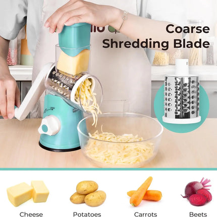 Manual Rotary Cheese Grater Shredder Kitchen Mandoline Vegetable Slicer with 3 Replaceable Stainless Steel Drum Blades YY001