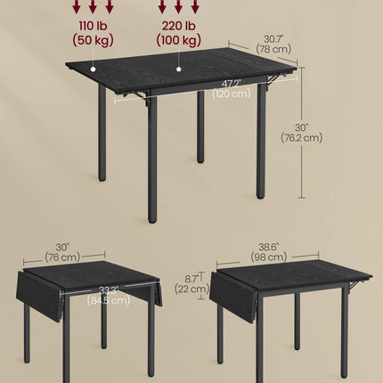 VASAGLE Folding Dining Table, Drop Leaf Extendable, for Small Spaces, Seats 2-4 People, Industrial, 78 x 120 x 76.2 cm