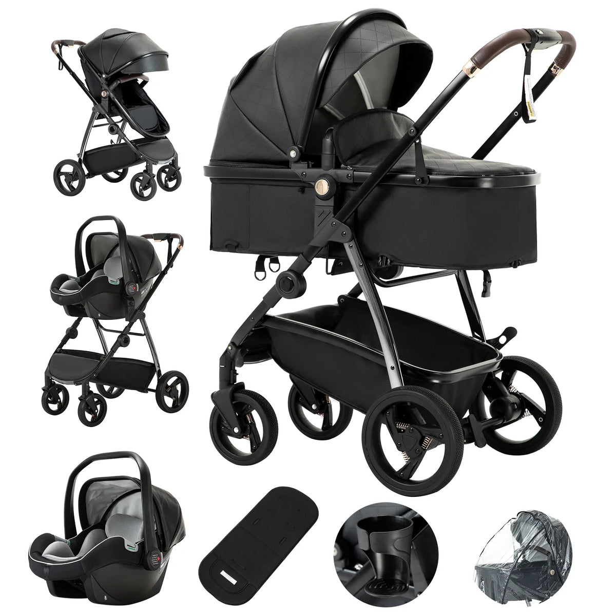 Baby stroller 3 in 1 Baby carriage Portable luxurious travel pram High landscape newborn baby stroller with baby carrier PU