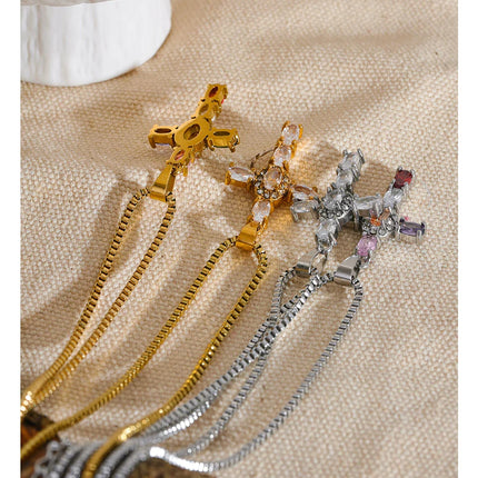 Yhpup Delicate Colorful Bling Cubic Zirconia Cross Pendant Stainless Steel Luxury Necklace High-Grade Fashion Shiny Jewelry Gift