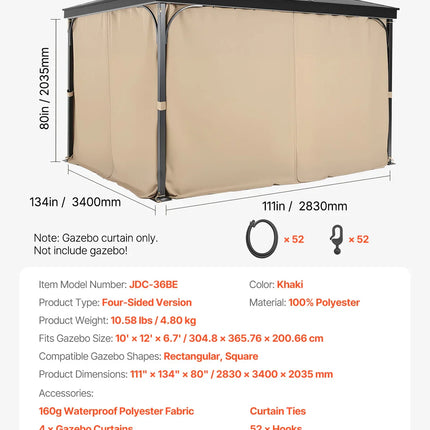 VEVOR Gazebo Curtains 4-Panel Sidewall Gazebo Privacy Curtains with Zippers Universal Sunshade Curtains Replacement for Patio