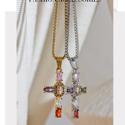 Yhpup Delicate Colorful Bling Cubic Zirconia Cross Pendant Stainless Steel Luxury Necklace High-Grade Fashion Shiny Jewelry Gift