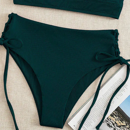 Cikini-V-Neck Split Bikini Set for Women, Sexy Swimsuit, Lace Up, Triangular Bikinis, Solid Color, Beach Swimwear, Bathing Suit