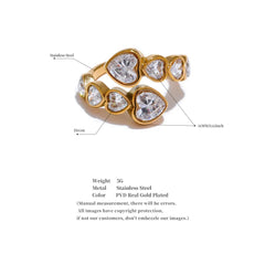 Yhpup Delicate Cubic Zirconia Heart Stainless Steel Gold Color Adjustable Fashion Open Ring High Quality Chic Charm Jewelry