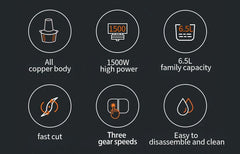 1500W 6.5L Stainless Steel Kitchen Meat Grinder 3 Gears Powerful Motor 4-Layer Blade Vegetable Crusher Onion Garlic Grinder