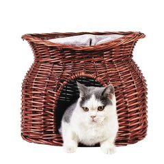 Cat Bed Hand Woven Wicker Bunk Basket 2 Tier Kitten Sleeping Cave Bed Brown and Beige Color with Soft Cushion