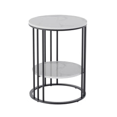 2 Tier Sintered Stone End Table Round White Sofa Side TableSmall Coffee Table with Black Frame - Modern Bedside Nightstand