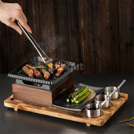 Dining room single and double tableware Cast iron barbecue plate Square alcohol oven baking tray Korean style barbecue stove set