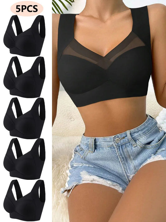 5PCS/Set Women Sexy Bras Full Cup Sports Top Soft Seamless Brassiere Lace Sexy Lingerie V Neck Intimates Underwear Plus Size Bra