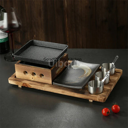 Dining room single and double tableware Cast iron barbecue plate Square alcohol oven baking tray Korean style barbecue stove set