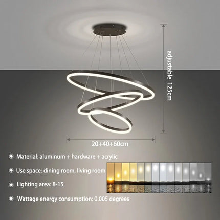 KOMORE Modern 3 Ring Aluminum Round Hanging LED Pendant Light Stepless Dimming & Cool White for Kitchen Living Room Hallway