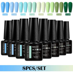 MEET ACROSS 8Pcs/Set Gel Nail Polish Set for All Season Neon Marcaron Green Red Series UV Gel Varnish Manicure Kit Nail Supplies