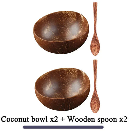 Natural Coconut Bowl Dinner Set for Women, Handmade Wooden Tableware, Wood Spoon, Dessert Fruit Salad, Mixing Rice Ramen Bowl, 1