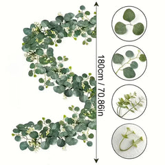 Lush 70.8" Faux Eucalyptus Garland With White Flowers - Perfect For Home & Holiday Decor, Wall Hanging, Yard, And Party Accents