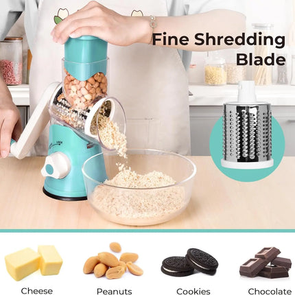 Manual Rotary Cheese Grater Shredder Kitchen Mandoline Vegetable Slicer with 3 Replaceable Stainless Steel Drum Blades YY001