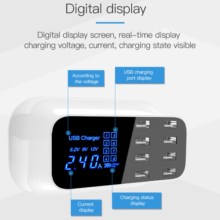 YC-CDA19A 8-port USB Multi-function 40W Intelligent Digital Display Fast Charging Dock, UK Plug, SAS1049A, SAS1049B, SAS1049C