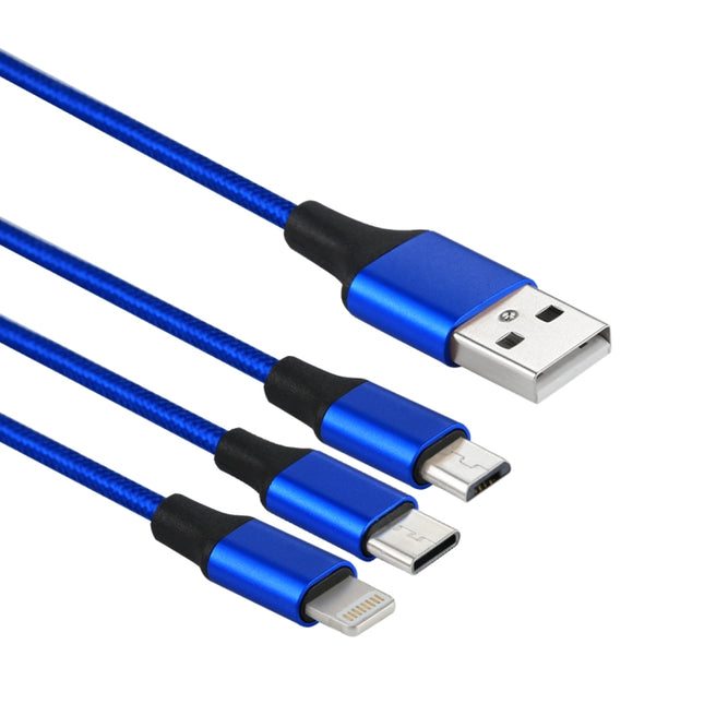 2A 1.2m 3 in 1 USB to 8 Pin & USB-C / Type-C & Micro USB Nylon Weave Charging Cable