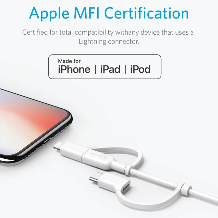 ANKER 3 in 1 8 Pin + Micro USB + USB-C / Type-C Interface MFI Certificated Data Cable