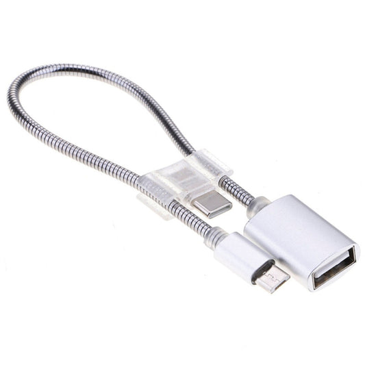 24cm 2A Micro USB to USB Aluminum Alloy Hose OTG Adapter Data Charging Cable with USB-C / Type-C Connector