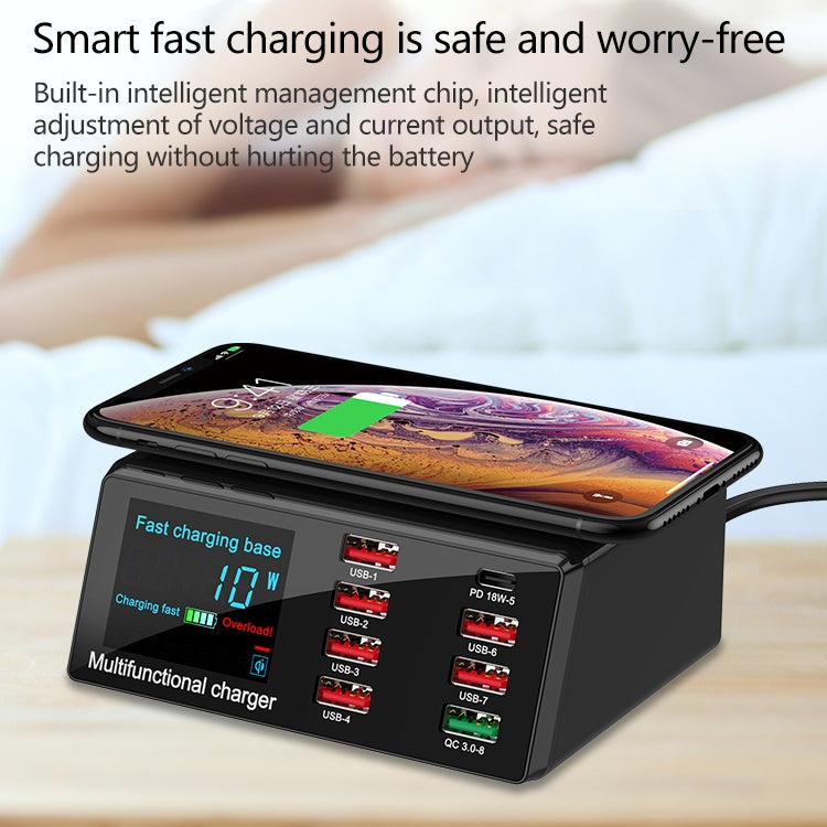 X9 9 in 1 QC 3.0 USB Interface + 6 USB Ports + PD 65W Ports + QI Wireless Fast Charging Multi-function Charger with LED Display, X9