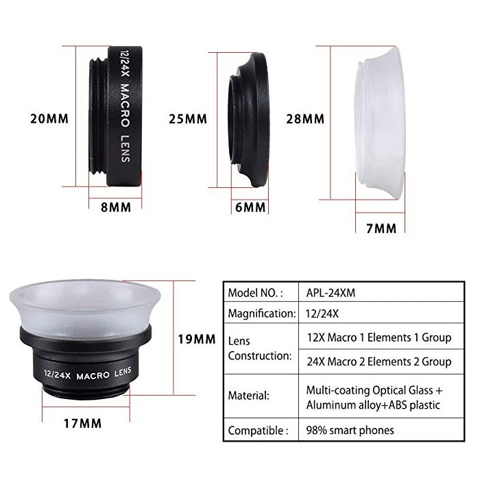 APEXEL APL-24X-H 2 in 1 Universal External 12X & 24X Macro Mobile Phone Lens with Lens Hood