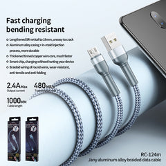 REMAX RC-124m 1m 2.4A USB to Micro USB Aluminum Alloy Braid Fast Charging Data Cable, Micro USB