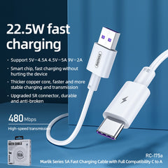 REMAX Marlik Series RC-175a 22.5W 5A USB to USB-C / Type-C Interface Fully Compatible Fast Charging Data Cable, Cable Length: 1m, 1m