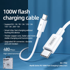 REMAX Marlik Series RC-175c PD 100W USB-C / Type-C to USB-C / Type-C Interface Fast Charging Data Cable, Cable Length: 1m, 1m