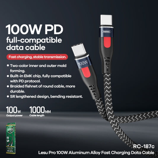 REMAX RC-187c Lesu Pro 1m PD100W Type-C to USB-C / Type-C Aluminum Alloy Braid Fast Charging Data Cable, Type-C to USB-C / Type-C