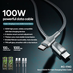 REMAX RC-174C PD 100W USB-C / Type-C to USB-C / Type-C Sury 2 Fast Charging Data Cable, Cable Length: 1m, RC-174C